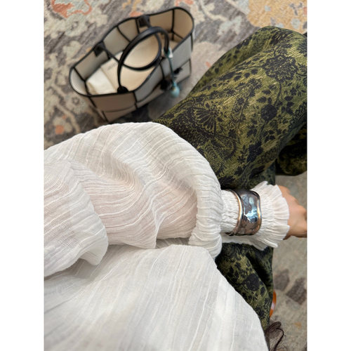 IMMUNO壹糯 民族风小众棕榈壁花纹垂感直筒裤松紧腰亚麻休闲裤