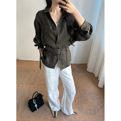 IMMNUO壹糯  亚麻老钱风高奢收腰夹克休闲松弛感复古宽松翻领外套