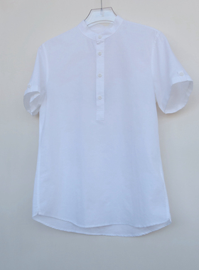 拉PT系列S/M专柜男夏棉麻透气无领套头短袖衬衫2A2258白色