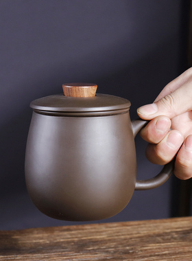 中式紫砂茶杯个人专用办公室茶水分离泡茶杯带过滤内胆三件套组