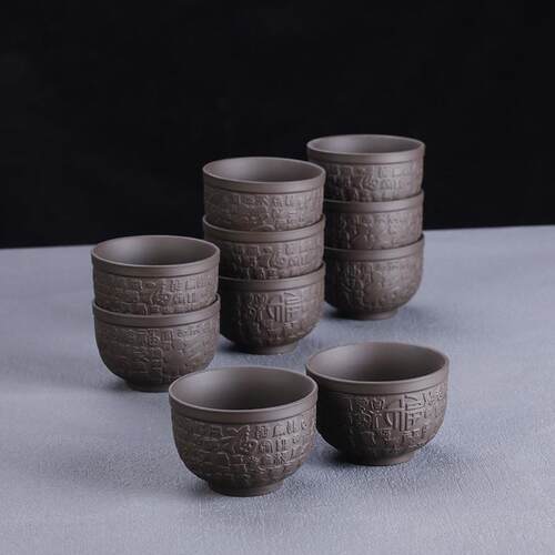 浮雕紫砂功夫茶杯6只装10个品茗杯复古家用待客单杯子茶碗办公室