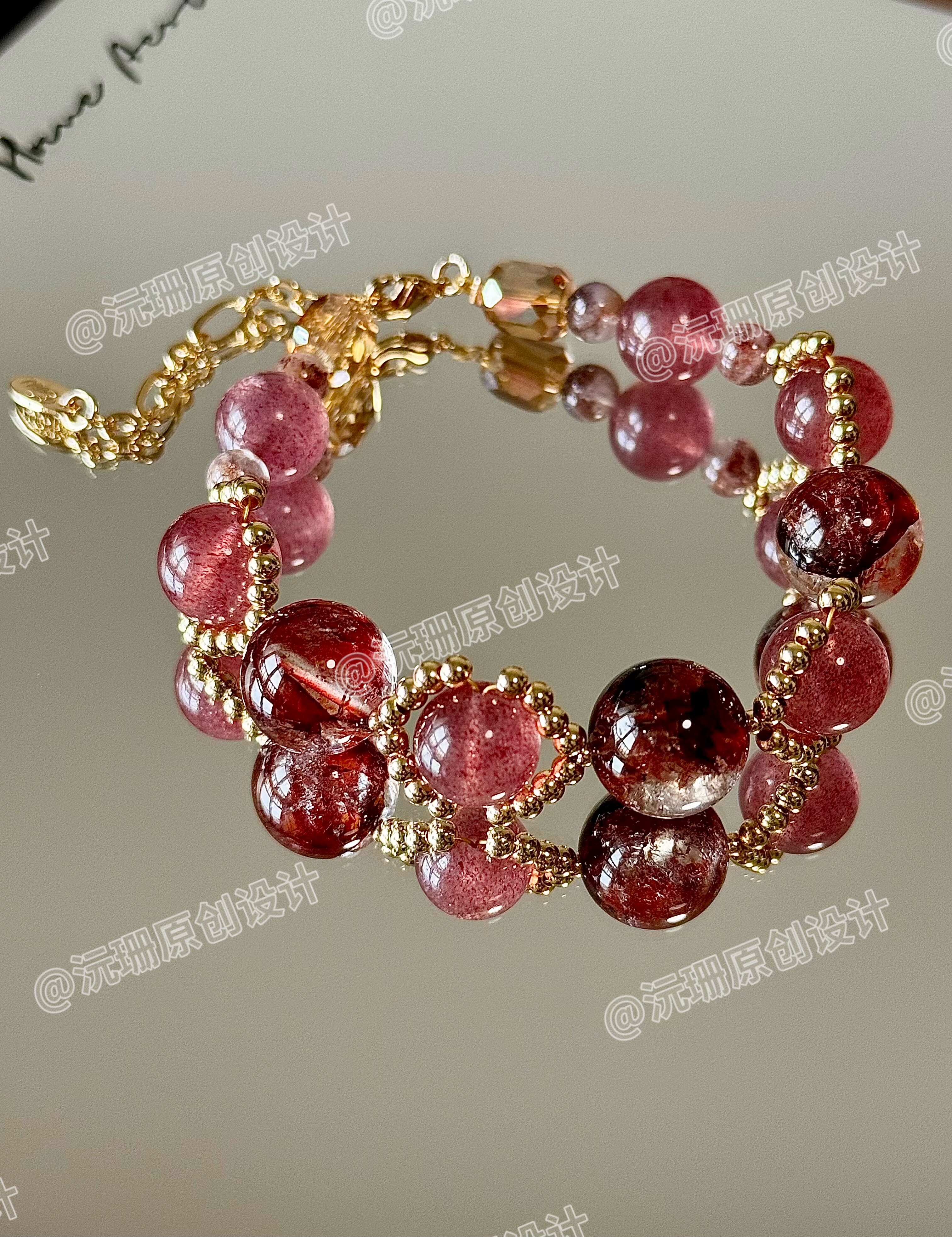 「赤域金络」天然鸽血红草莓晶牛血橘红胶花水晶手串高级转运手链