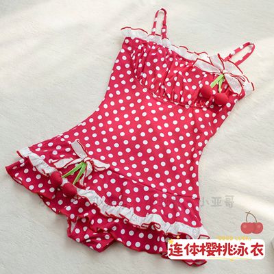 少女可爱樱桃波点波浪裙摆泳衣