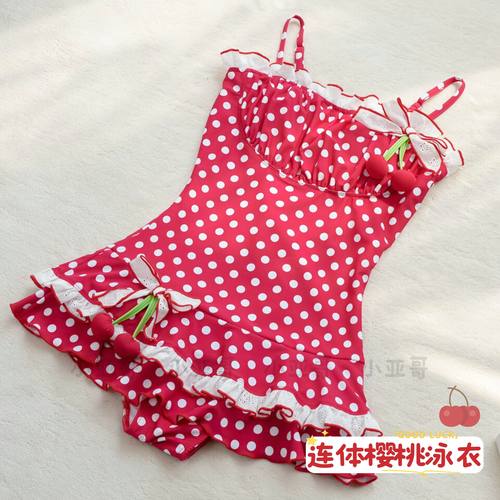 少女可爱樱桃波点波浪裙摆泳衣