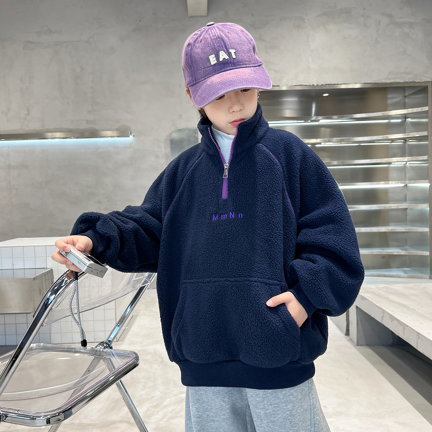 男童摇粒绒卫衣2025新款秋冬大儿童加绒加厚上衣半开衫高领男孩潮