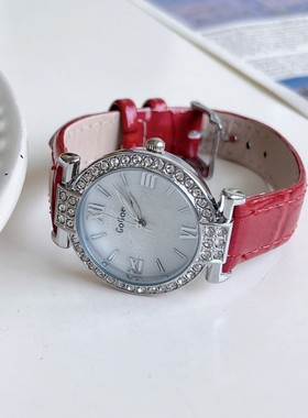 红色手表女款简约气质学生女士轻奢小众镶钻高级感石英女表送女友