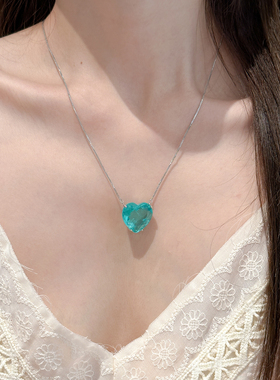 爱心帕拉伊巴蓝色冰裂吊坠项链
