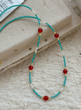 中式复古绿松石串珠红色玛瑙项链
