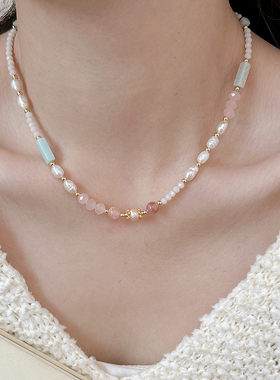 百搭淡水珍珠粉色天然石串珠项链