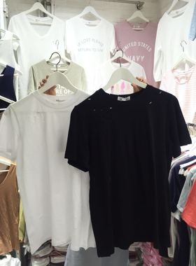 kacy t恤女韩国正品363圆领短袖修身显瘦纯色破洞简约打底衫上衣