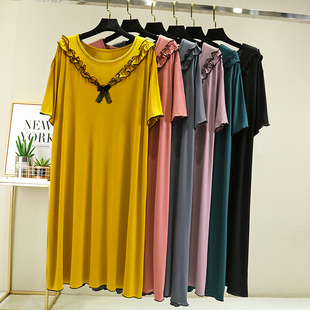 莫代尔连衣裙休闲家居睡裙 裙子中长款 蕾丝木耳边睡衣女夏薄款 短袖