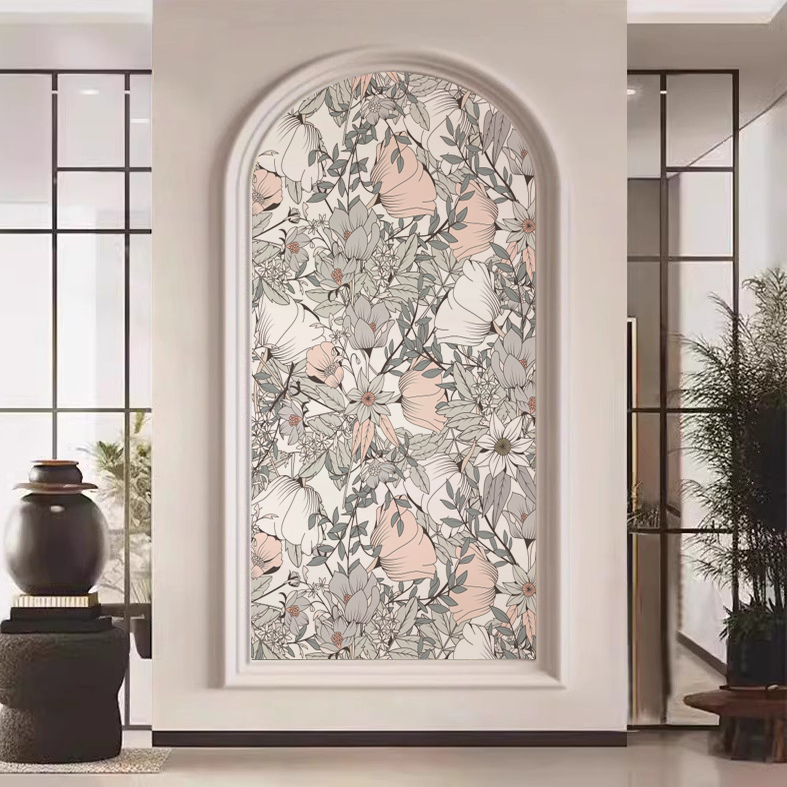 小清新法式弧形玄关壁布壁画美容院装饰画美式拱形墙布画高级感花