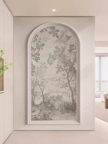 法式弧形壁画拱形玄关背景墙装饰画现代简约壁纸入户墙布过道壁布