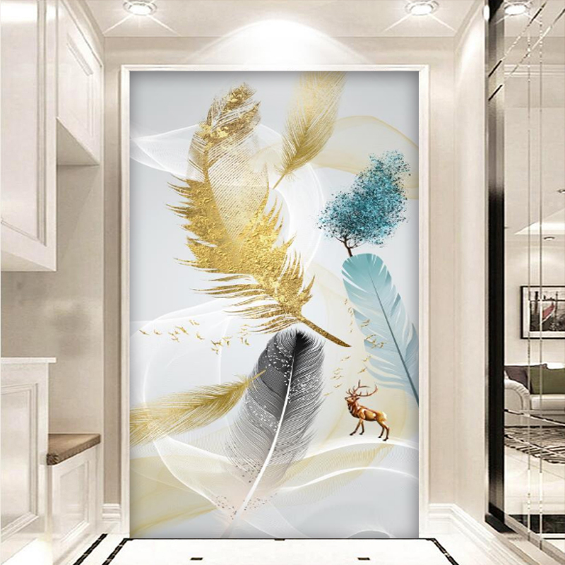 走廊进门墙玄关抽象艺术金色羽毛壁纸现代简约过道装饰背景墙壁画