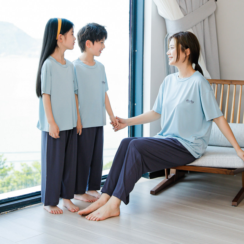 夏季短袖家居服亲子装睡衣套装男女童九分长裤母女薄款冰感空调服