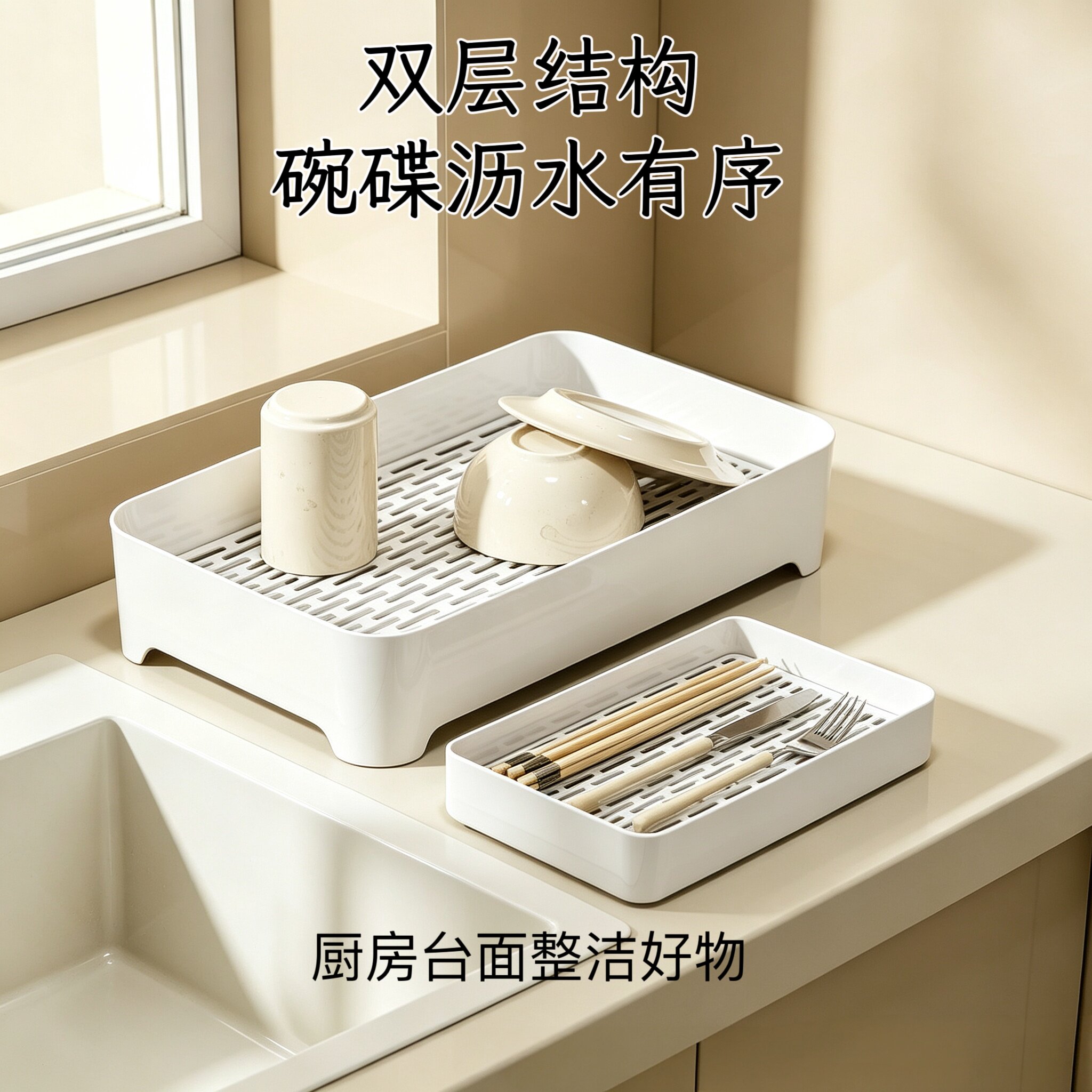 双层沥水碗碟茶盘收纳架厨房客厅图片