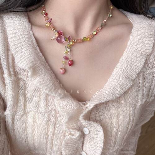 春夏多巴胺草莓串珠锁骨链女