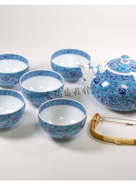 库山窑陶瓷釉下彩蓝绿色茶具稀少