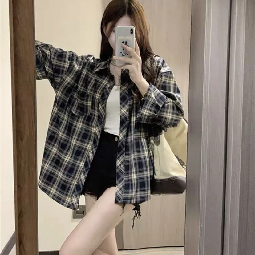 法式格子防晒衬衫女衬衣外套长袖