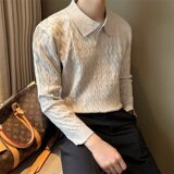 暗条纹衬衫男长袖高级感新款垂坠绸缎感商务休闲正装痞帅M322P58，男装针织衫/毛衣，星座1013-3