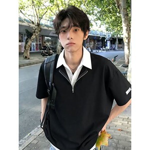 假两件短袖男款POLO衫夏解构拼接正肩半袖青少年半拉炼T恤T390P38图片