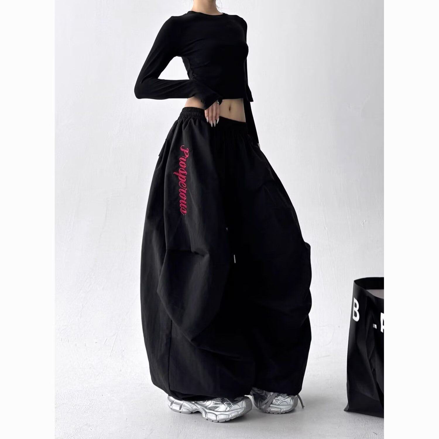 美式复古褶皱抽绳伞兵工装裤潮牌刺绣宽松直筒高街跳舞裤K8105P50，女装休闲裤，星座1013-3