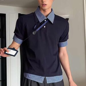 美式假两件格纹POLO短袖女男夏复古学院风宽松休闲百搭T恤T02P38图片