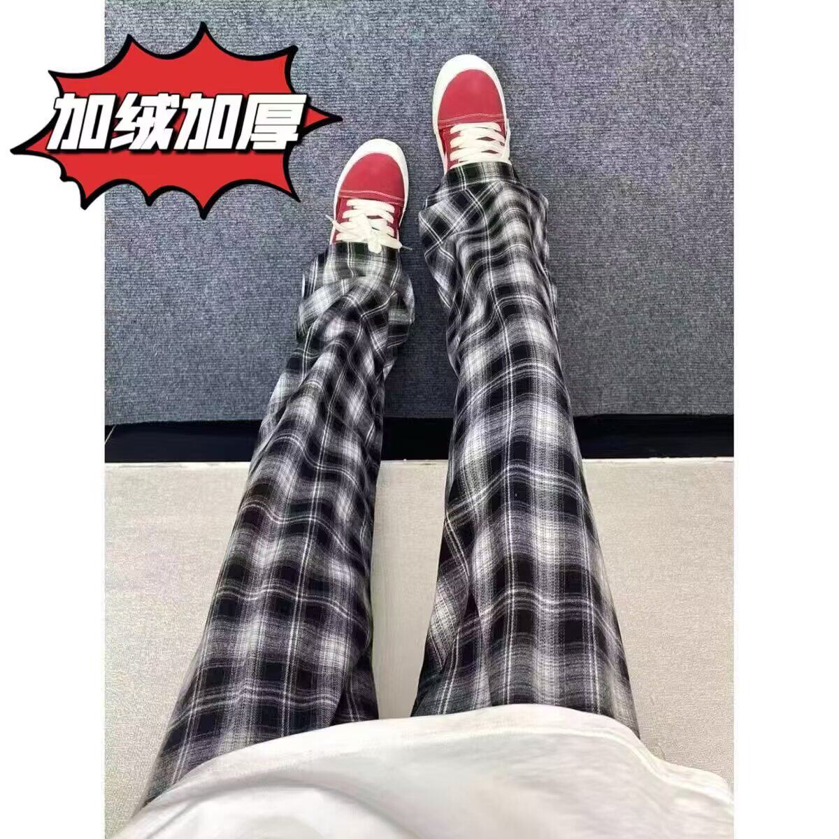 时尚抽绳格子裤男女秋冬季款宽松直筒裤显瘦休闲阔腿裤K8075绒P45，男装休闲裤，星座1013-3