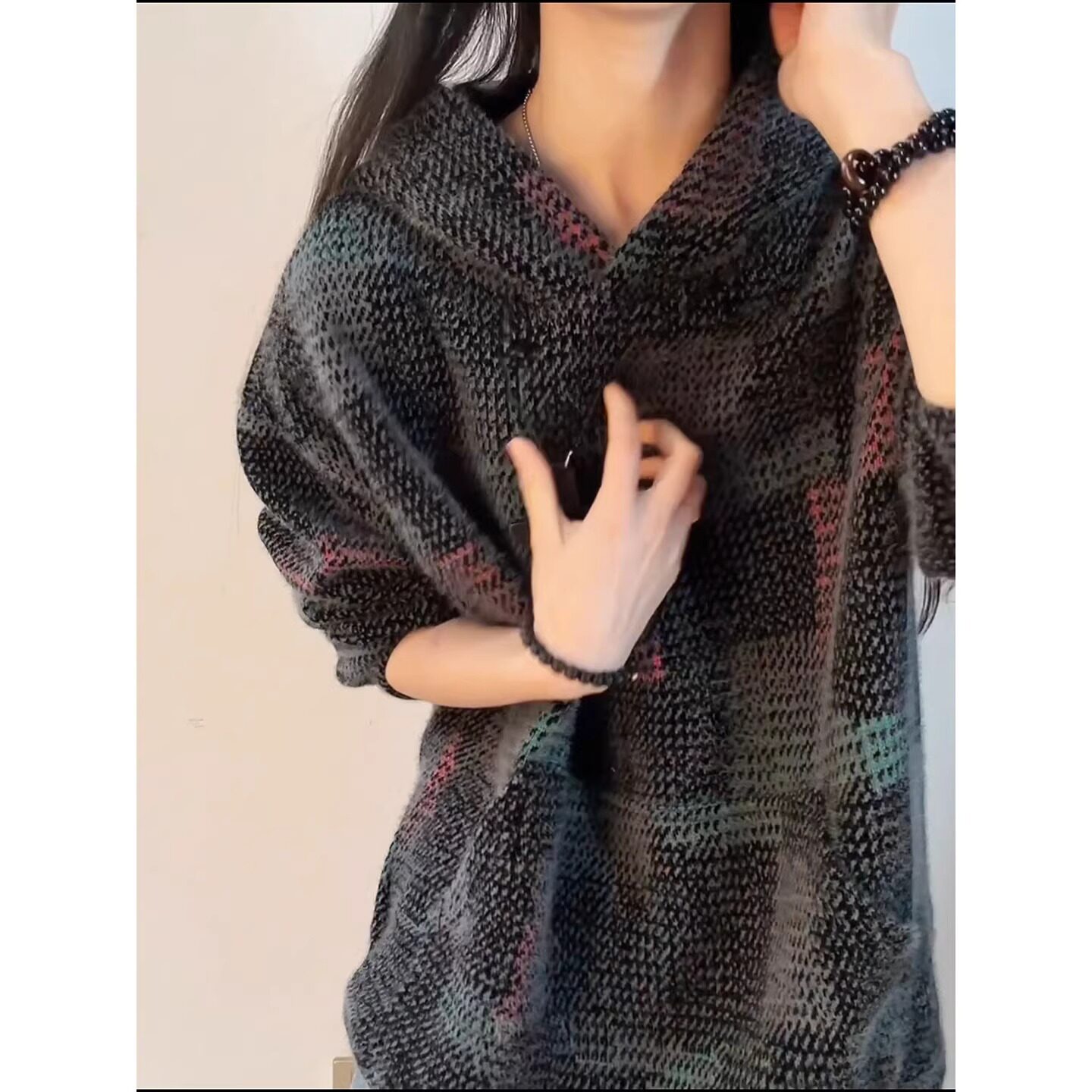 复古七彩格子针织卫衣男款春季重磅连帽衫高级感情侣外套W311P68，男装卫衣，星座1013-3