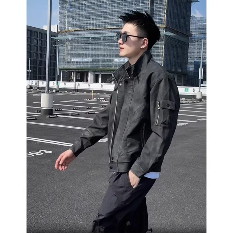 皮衣覆古脏脏外套男秋冬款痞帅工装夹克防风机车骑行服PY321P60,男装皮衣,星座1013-3