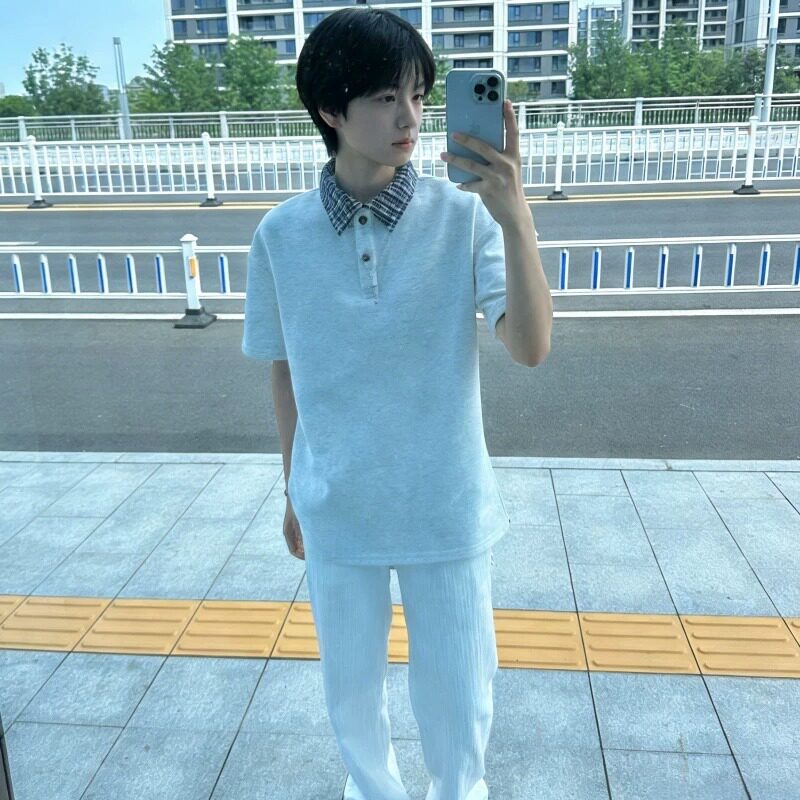 翻领POLO衫短袖男夏季千鸟格拼接少年感学生宽松休闲T恤T387P30,男装T恤,星座1013-3