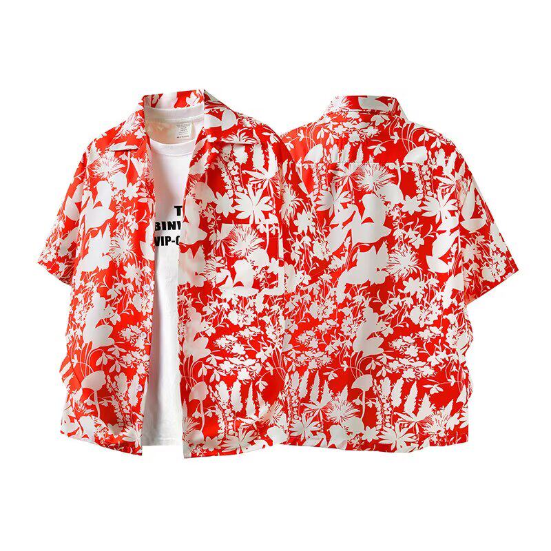 碎花古巴领衬衫港风沙滩千禧风小众红色度假男短袖衬衣C285P30，男装衬衫，星座1013-3