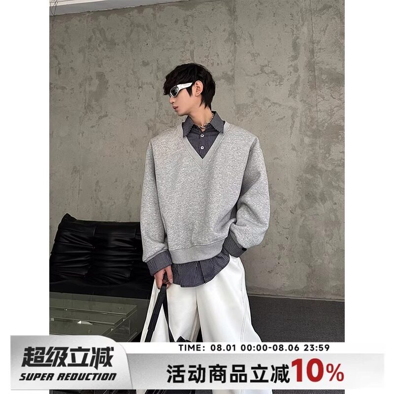 小众设计感假两件拼接厚T恤春季宽松休闲时尚高级感上衣W291P50,男装卫衣,星座1013-3