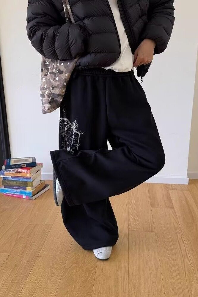 高街复古图腾印花飘带跳舞休闲裤男女cleanfit宽松弯刀裤K8109P48,男装休闲裤,星座1013-3