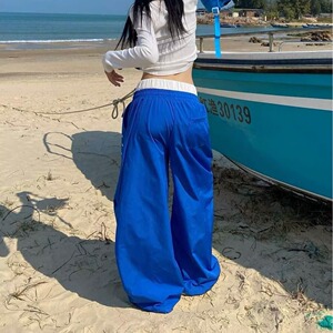 春秋双腰头字母印花弯刀阔腿慵懒风百搭男女街头休闲长裤K8132P48图片