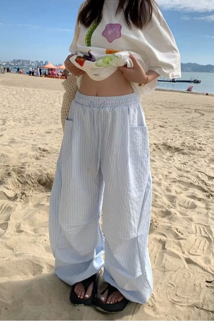 蓝色条纹阔腿裤女夏天褶皱松紧腰显瘦慵懒宽松直筒休闲裤K8128P55,女装休闲裤,星座1013-3
