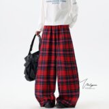 风格纹休闲裤男女同款美式复古街头运动直筒垂感阔腿长裤8118P50，男装休闲裤，星座1013-3