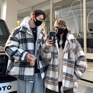 假两件格纹外套男款秋冬季潮加厚保暖复古毛呢连帽棉衣F736P88图片
