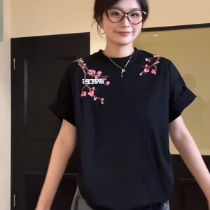 风印花黑色短袖t恤女时尚夏季款宽松设计感小众半袖上衣T373P35图片