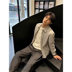 日系翻领灰白格子长袖衬衫男生秋季宽松休闲开衫上衣外套C01P45图片