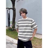 潮牌条纹短袖T恤男女宽松重磅夏季美式休闲情侣款半袖体恤T880P25，男装T恤，星座1013-3