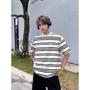潮牌条纹短袖T恤男女宽松重磅夏季美式休闲情侣款半袖体恤T880P25图片