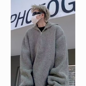 半拉链连帽毛衣男款秋冬季宽松慵懒风针织衫复古休闲外套M6516P55，男装针织衫/毛衣，星座1013-3