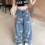 潮牌休闲牛仔长裤中古风花卉印花水洗阔腿牛仔裤潮流秋季NK730P50，女装牛仔裤，星座1013-3