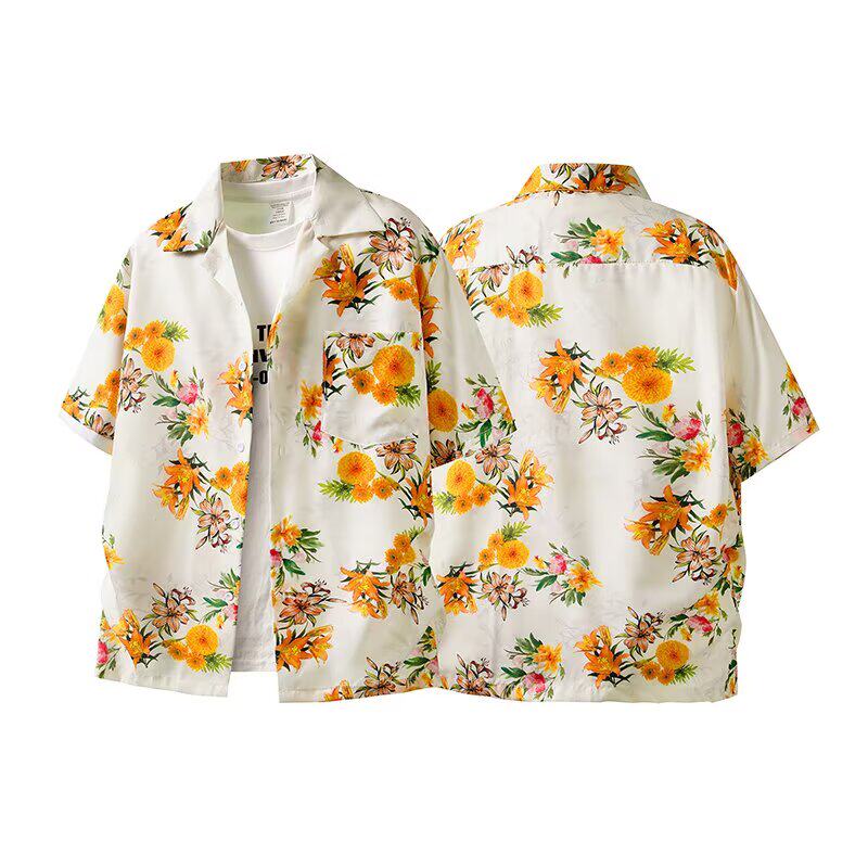 古巴夏威夷花朵满印短袖油画艺术感休闲复古短袖衬衣百搭C301P30，男装衬衫，星座1013-3