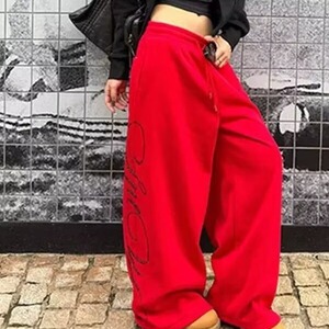 美式高街字母烫钻休闲卫裤女春季新款宽松垂感阔腿运动裤K8112P58图片