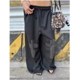 美式复古黑色铆钉烫钻工装休闲裤女高街宽松垂感阔腿裤子K8114P55，女装休闲裤，星座1013-3