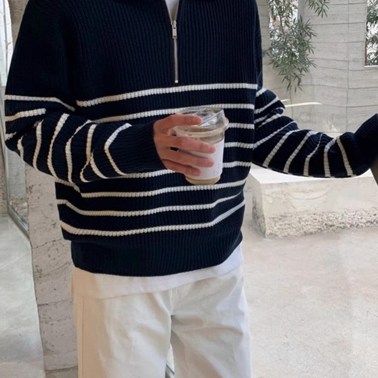 毛衣男秋冬季半高领拉链毛衣男装宽松休闲条纹外穿针织衫M1836P55，男装针织衫/毛衣，星座1013-3