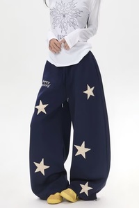 刺绣灰色阔腿卫裤女春夏高腰宽松显瘦垂感休闲直筒运动裤K8085P55，女装休闲裤，星座1013-3