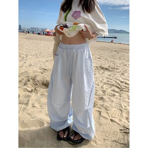 蓝色条纹阔腿裤女夏天褶皱松紧腰显瘦慵懒宽松直筒休闲裤K8128P55图片